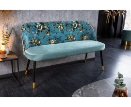 Moderní art-deco lavice Floreque do předsíně s tyrkysovým sametovým čalouněním s florálním motivem 130cm
