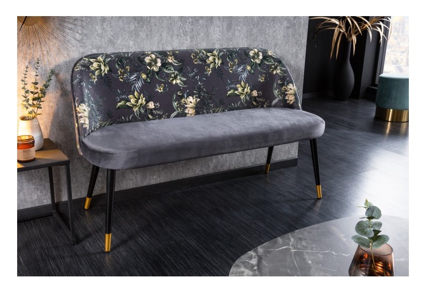 Moderní art-deco čalouněná lavice Floreque do předsíně s šedým sametovým potahem s florálním motivem 130cm