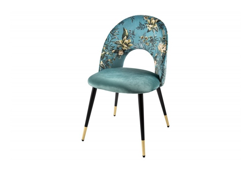 Designová art deco čalouněná židle Floreque ve výrazné tyrkysové barvě s květinovým potiskem