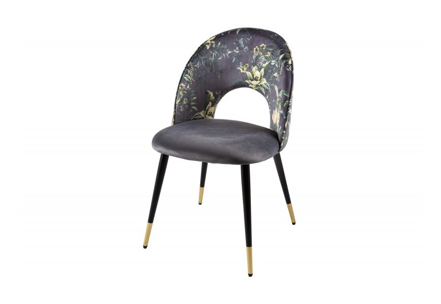 Stylová čalouněná židle Floreque v šedém provedení s potiskem flóry v art deco stylu