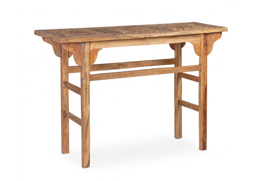 Designový konzolový stolek Talia z exoticky působícího dřeva v koloniálním stylu s vyřezávanými detaily ve světle hnědé barvě