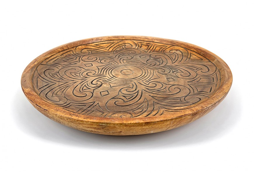 Univerzální kulatá stylová mísa Talia s ručně vyřezávanými ornamenty z přirozeného středně hnědého dřeva