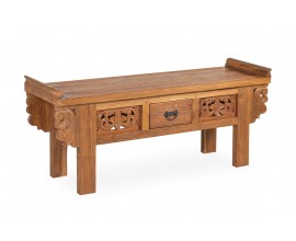 Ručně vyřezávaná ornamentální lavice Talia se čtyřmi nožičkami z exoticky působícího dřeva v koloniálním stylu 120cm