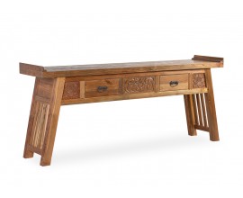 Koloniální konzolový stolek Talia z exoticky působícího dřeva a lesklou povrchovou úpravou se dvěma zásuvkami 200cm