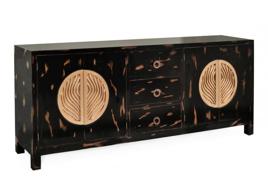 Luxusní masivní komoda Arbola z mahagonového dřeva s černým nátěrem se zlatou patinou a masivními uměleckými úchyty 200cm