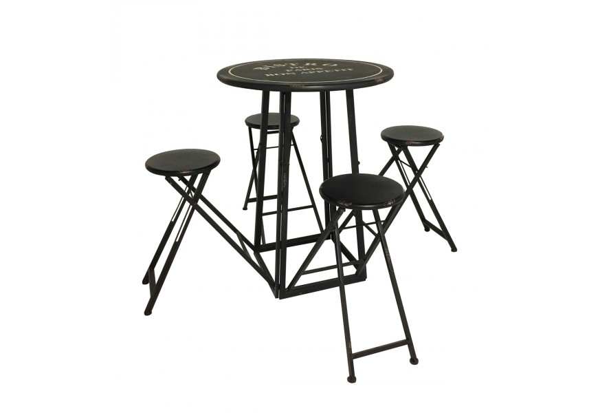 Industriální barový stolek Stanley v černém matném provedení s ošoupaným efektem a čtyřmi skladatelnými židlemi