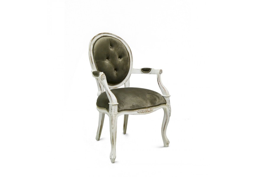 Luxusní čalouněná vintage vyřezávaná jídelní židle Adrien s bílým ošoupaným nátěrem a čalouněním v army-hnědé barvě