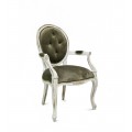Luxusní čalouněná vintage vyřezávaná jídelní židle Adrien s bílým ošoupaným nátěrem a čalouněním v army-hnědé barvě