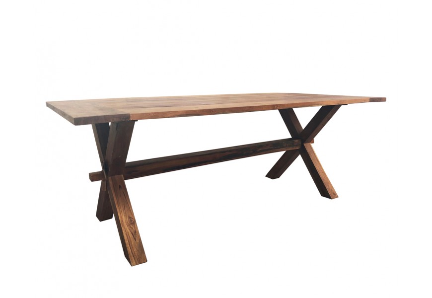 Masivní ručně vyráběný jídelní stůl Camile s překříženýma nohama z exotického teakového dřeva v koloniálním stylu