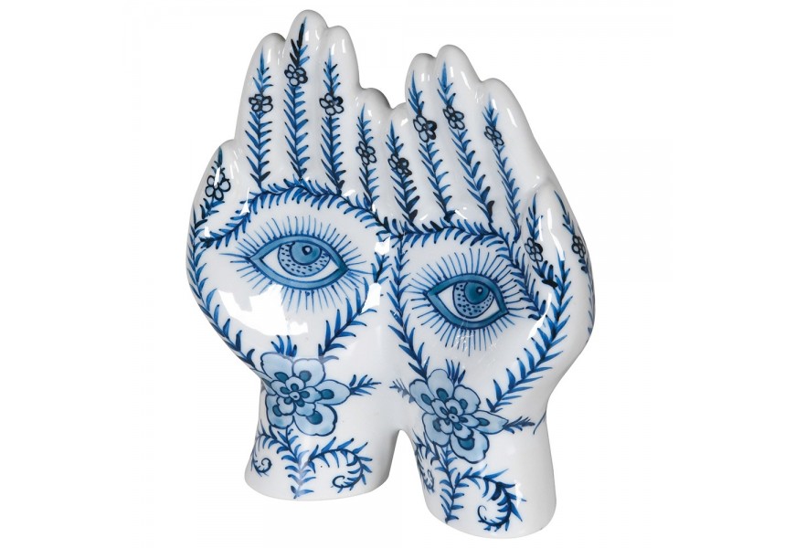 Orientální dekorativní soška Mains v bílé barvě s modrým vzorovaným designem rukou hamsa s okem Fatimy