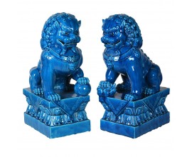 Orientální set lesklých tmavěmodrých sošek Fu Dogs v kobaltově modré barvě z porcelánu 39cm
