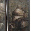 Vintage zástěna do ložnice Duomo se skleněným povrchem s urbánním motivem v sépiových barvách 180cm