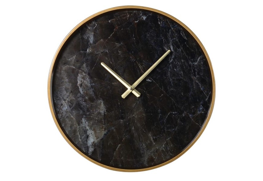 Černé mramorové art-deco nástěnné hodiny Escapist s kulatým zlatým rámem a ručičkami