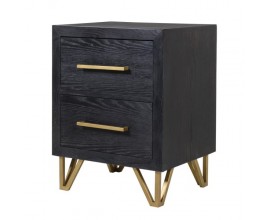 Designový art-deco noční stolek Benedict v černé barvě s dřeva se zlatými kovovými prvky a dvěma šuplíky