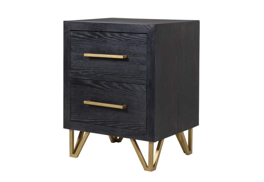 Designový art-deco noční stolek Benedict v černé barvě s dřeva se zlatými kovovými prvky a dvěma šuplíky
