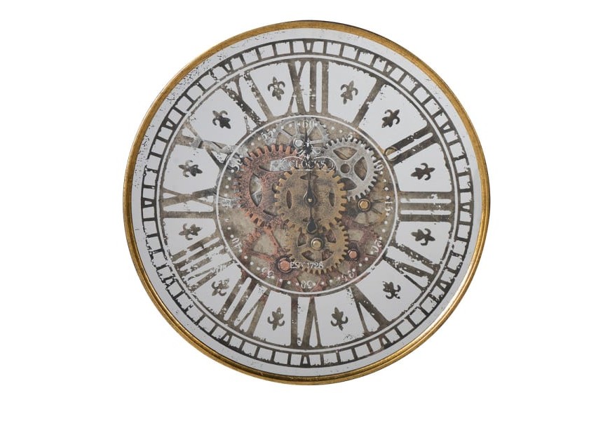 Vintage kulaté nástěnné hodiny Clockwork ze dřeva a kovu se zlatým rámem a ozubenými kolečky 60cm