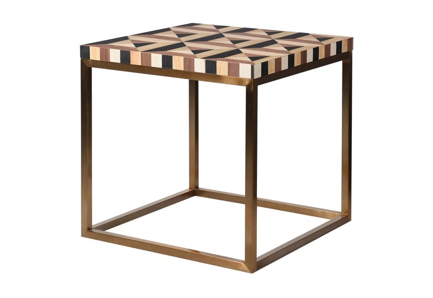 Designový čtvercový příruční stolek Betlien v art-deco stylu ze dřeva hnědo-černé barvy se zlatou kovovou konstrukcí