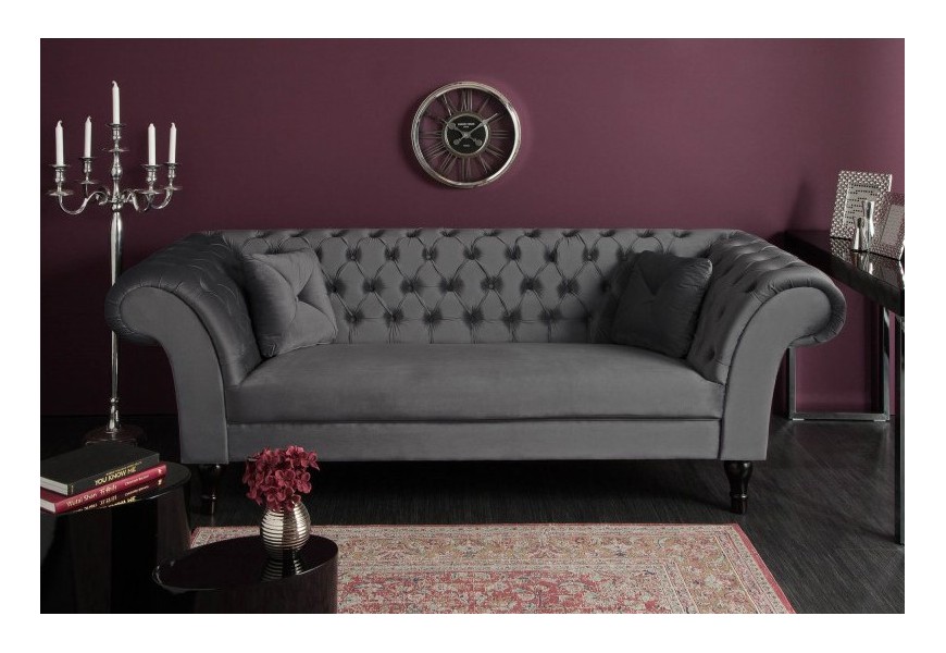 Chesterfield stříbrně šedá sametová pohovka Contessa 230cm