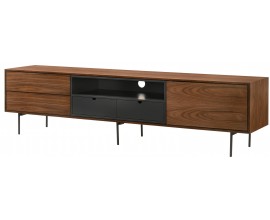 Moderní TV stolek Nordica Nogal v ořechově hnědé barvě se šuplíky a dvířky s černými kovovými nožičkami 200cm