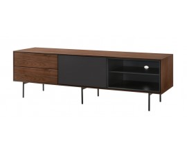Skandinávský TV stolek Nordica Nogal ze dřeva v moderním ořechově hnědém provedení s úložným prostorem a černou poličkou 170cm