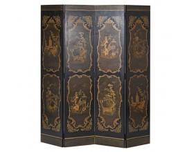 Designová ručně malovaná vintage zástěna Chinia z masivního dřeva černé barvy se zlatým ornamentálním zdobením