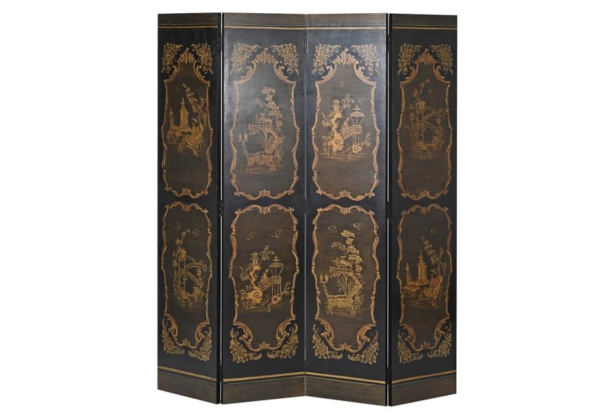 Designová ručně malovaná vintage zástěna Chinia z masivního dřeva černé barvy se zlatým ornamentálním zdobením