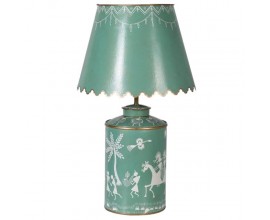 Vintage noční lampa Severine v azurové zelené barvě z kovu s bílými malovanými vzory warli 76cm