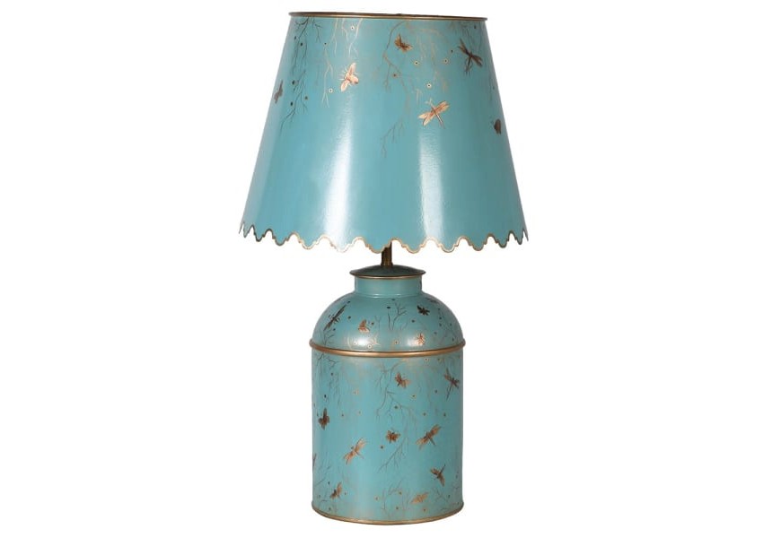 Elegantní vintage stolní lampa Severine Azur z kovu v modré azurové barvě se zlatým florálním zdobením