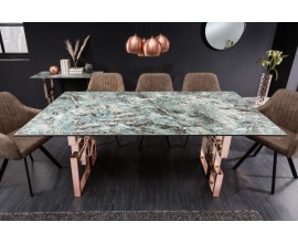 Art-deco obdélníkový jídelný stůl Ariana s tyrkysově modrou vrchní deskou s mramorovým vzhledem a růžovou podstavou 200cm