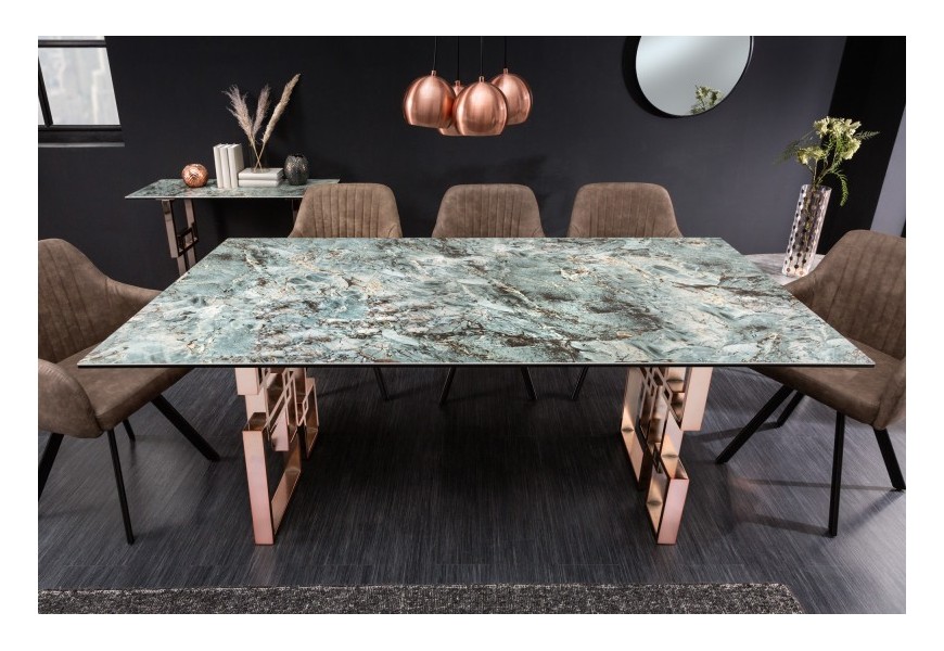 Luxusní obdélníkový stůl Ariana s vrchní deskou v tyrkysovém mramorovém stylu s kovovými nožičkami