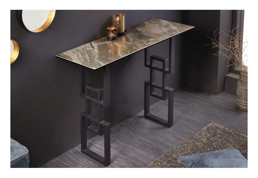 Art-deco konzolový stolek Ariana s mramorovým vzhledem k vrchní desce s antracitivou černou podstavou ve čtvercovém provedení
