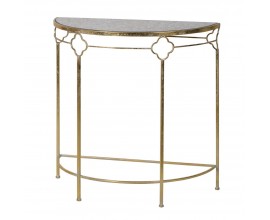 Art deco konzolový stolek Artizia s celokovovou zlatou konstrukcí na nožičkách a vrchní deskou v půlkruhovém tvaru 81cm