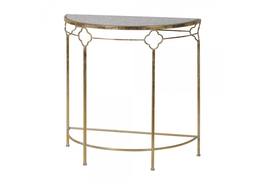 Designový art deco kovový konzolový stolek Artizia ve zlatém kovovém provedení s vrchní skleněnou deskou s mramorovým vzorem
