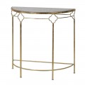 Designový art deco kovový konzolový stolek Artizia ve zlatém kovovém provedení s vrchní skleněnou deskou s mramorovým vzorem