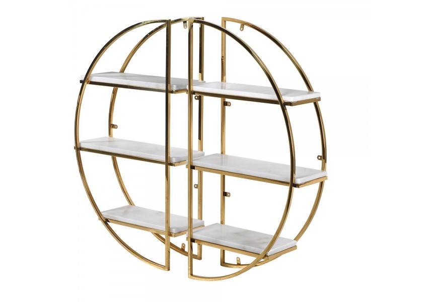 Art deco luxusní sada dvou půlkruhových závěsných poliček Circa se zlatou lesklou kovovou konstrukcí doplněnou pravým mramorem