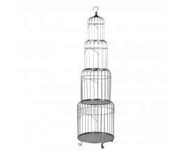 Stylová ptačí klec Birdy II v art deco stylu ve stříbrném kovovém provedení se čtyřmi samostatnými patry a úložným prostorem