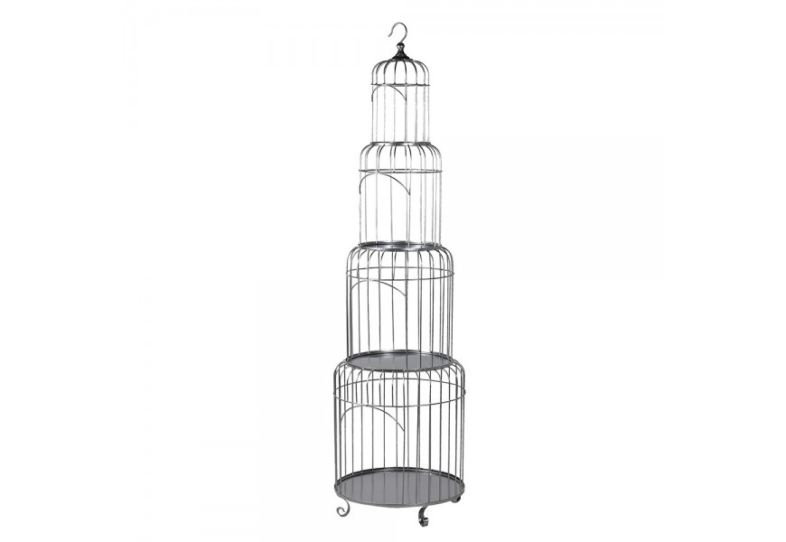Stylová ptačí klec Birdy II v art deco stylu ve stříbrném kovovém provedení se čtyřmi samostatnými patry a úložným prostorem