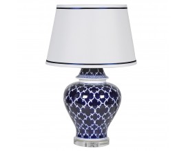 Vintage keramická modro-bílá stolní lampa Eileen s jemnou ornamentální kresbou a podstavou z křišťálu 66cm