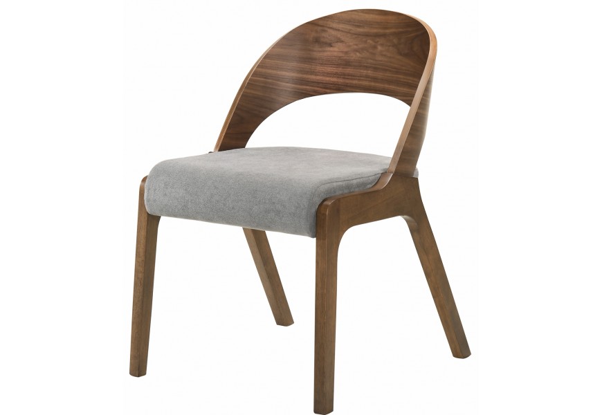 Designová jídelní židle Nordica Nogal z ořechově hnědého masivu se zaoblenou opěrkou a šedým čalouněním 77cm