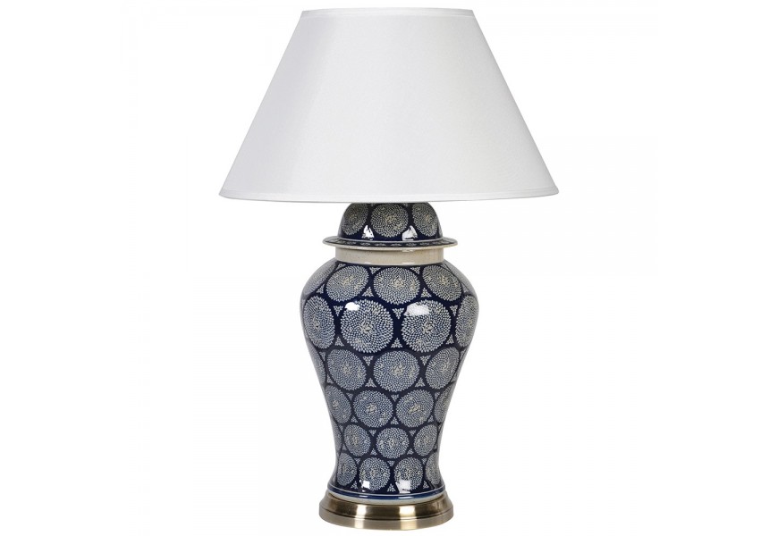 Luxusní porcelánová námořnická modrá lampa Hayley s bílým kruhovým vzorem a bílým stínítkem ve vintage provedení