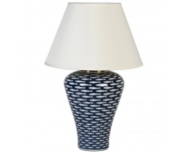 Vintage porcelánová modro-bílá stolní lampa Waverly s kresbou rybiček a bílým stínítkem 68cm