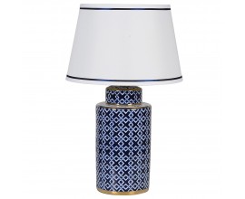 Art-deco porcelánová modrá stolní lampa Laponda s bílou geometrickou kresbou a bílým stínítkem 70cm