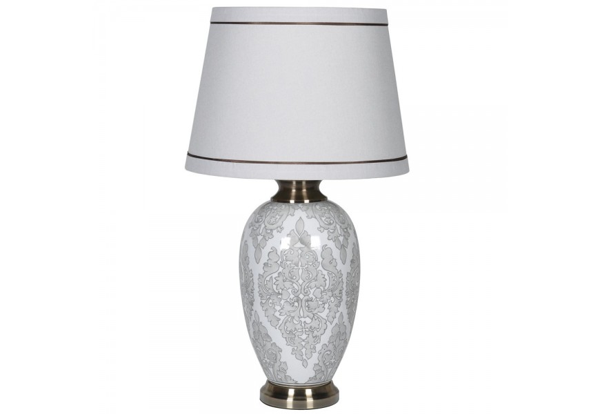 Luxusní porcelánová bílá lampa Selena s šedým ornamentálním květovým vzorem a bledým stínítkem ve vintage provedení