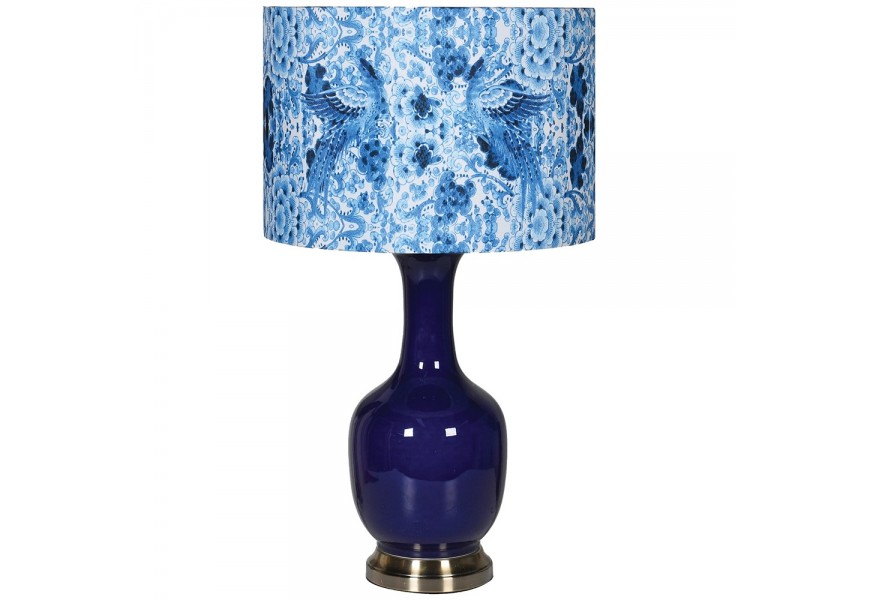 Luxusní porcelánová indigově modrá lampa Lovato s modrým květovým vzorem a bleděmodrým stínítkem v art-deco provedení