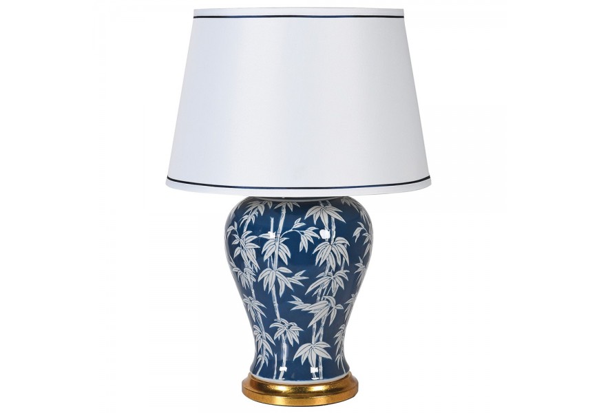 Vintage porcelánová modro-bílá stolní lampa Genové s kresbou bambusu a podstavou zlaté barvy 66cm