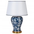 Vintage porcelánová modro-bílá stolní lampa Genové s kresbou bambusu a podstavou zlaté barvy 66cm