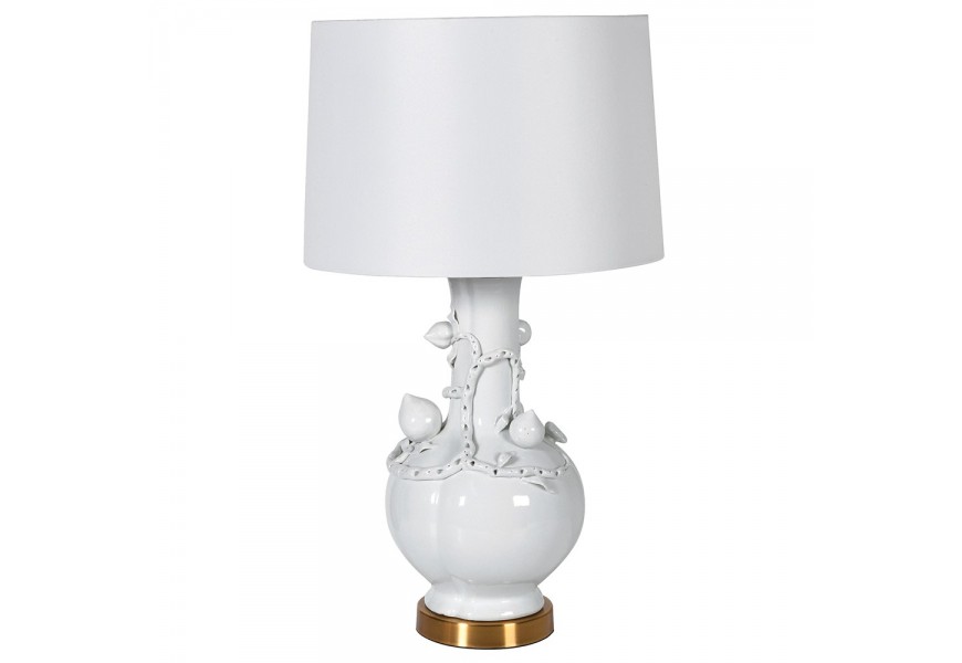 Luxusní off-white noční lampa Tamlin s 3D florálním vzorem z porcelánu a bílým stínítkem ve vintage stylu