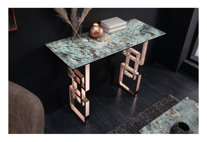 Luxusní art-deco konzolový stolek Ariana s tyrkysovou deskou s mramorovým designem a chromovou rose gold podstavou