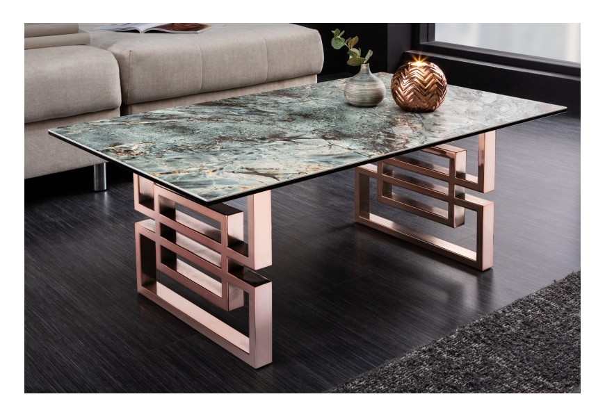 Luxusní konferenční stolek Ariana s art-deco mramorovou stylovou tyrkysovou deskou s růžově zlatou podstavou