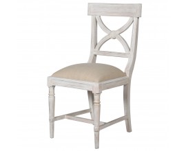 Luxusní provence jídelní židle Luisa ze dřeva melí v bílém ošoupaném provedení s béžovým lněným čalouněním